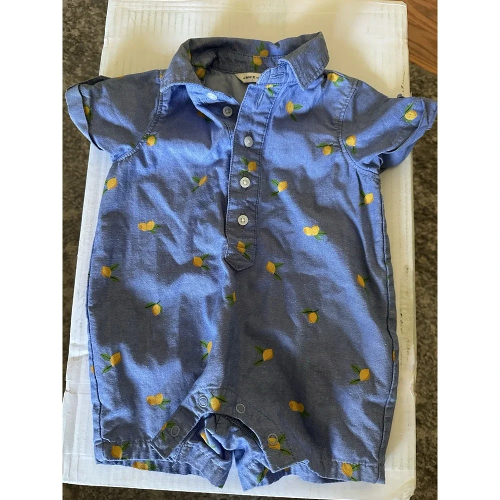 Janie and Jack Size 0-3 Girls Denim Short Sleeve Romper Lemons
